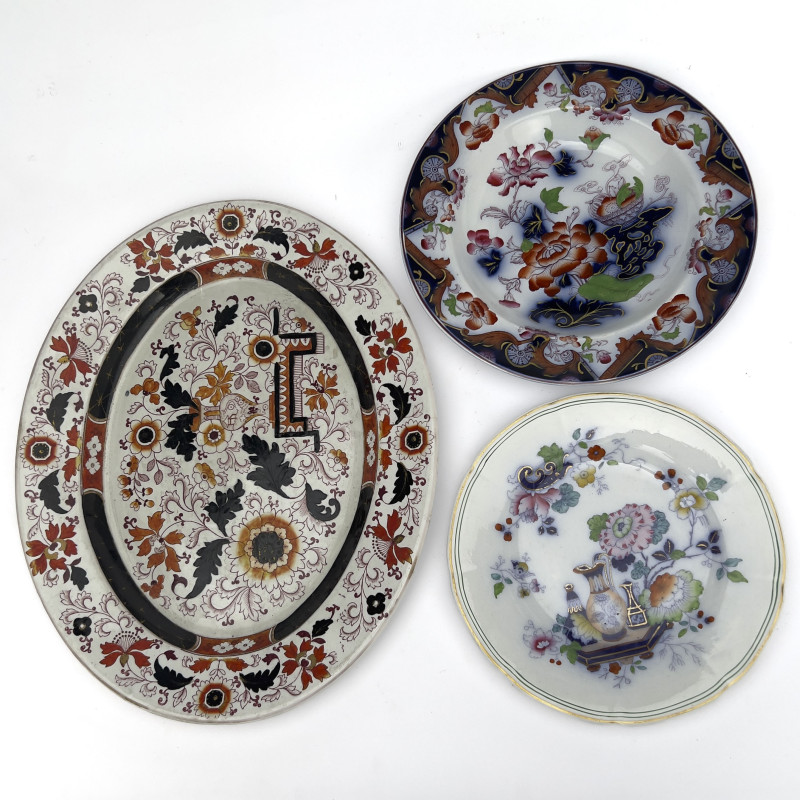 English Imari-Palette Ironstone Platter and Continental Porcelain Plates Lot