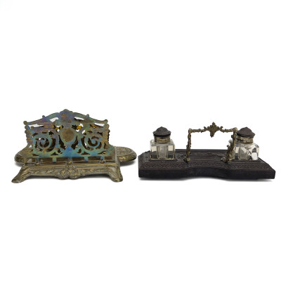 Image for Lot Victorian Renaissance Revival Cast Brass and Wood Inkstands, Continental or American