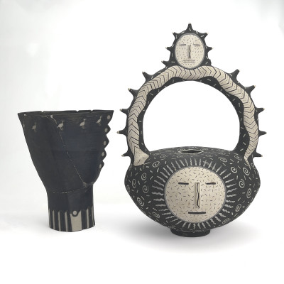 Contemporary Black and White Ceramic Figural Vessels,