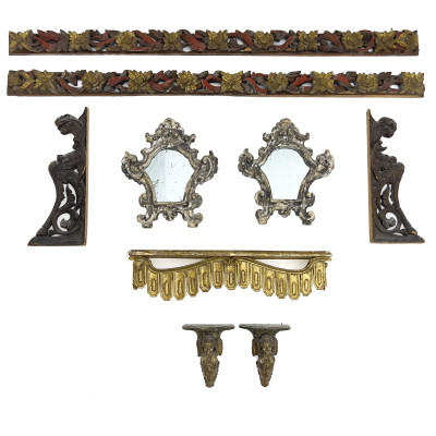 Image for Lot An Assemblage of Continental Rococo and Venetian Style Painted Carved Wood Decorative Elements