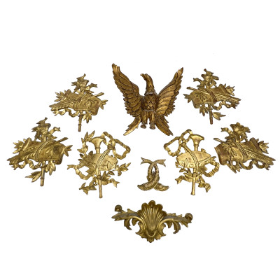 Image for Lot An Assembled Group of Giltwood Wall Decorations, Including an American Federal Style Eagle