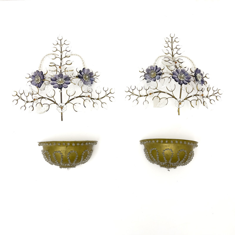 A Pair of Brass and Crystal Floral Wall Sconces