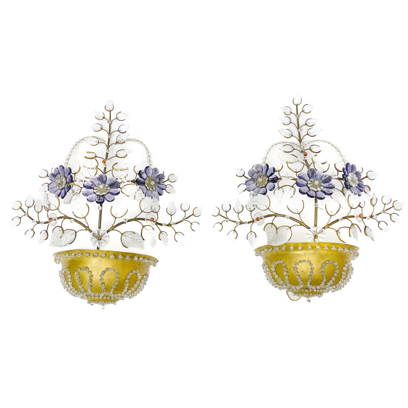 A Pair of Brass and Crystal Floral Wall Sconces