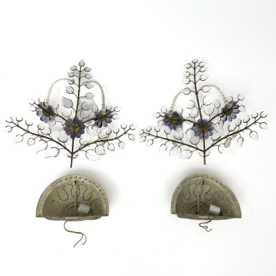 A Pair of Brass and Crystal Floral Wall Sconces