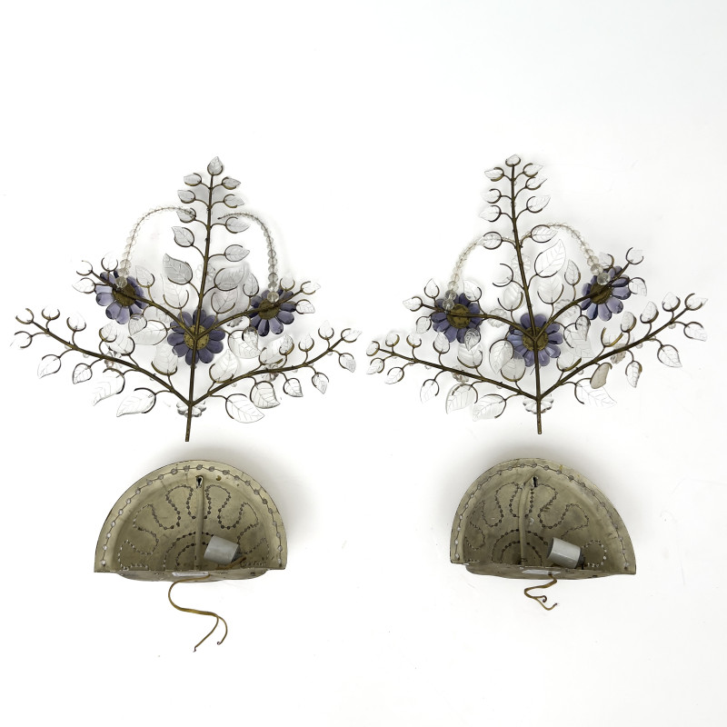 A Pair of Brass and Crystal Floral Wall Sconces