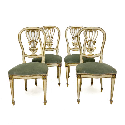 Image for Lot A Set of Four Louis XVI Style Painted and Parcel-Gilded "Montgolfier" Dining Chairs
