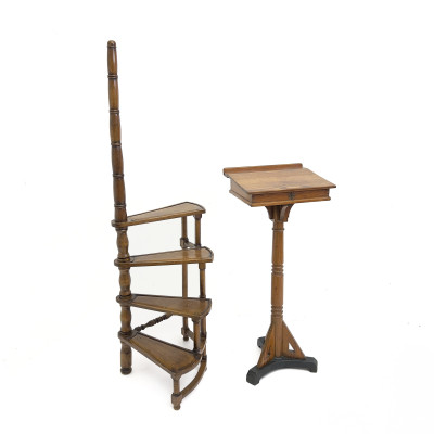 Image for Lot An Antique Fruitwood Library Staircase and Oak Lectern