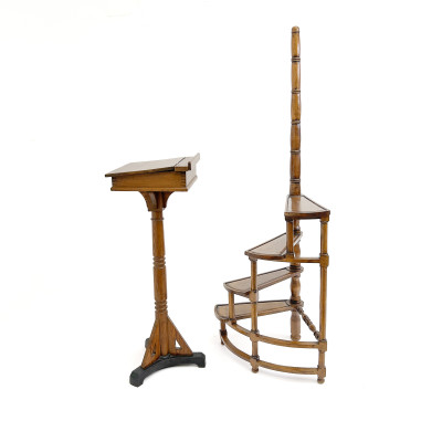 An Antique Fruitwood Library Staircase and Oak Lectern