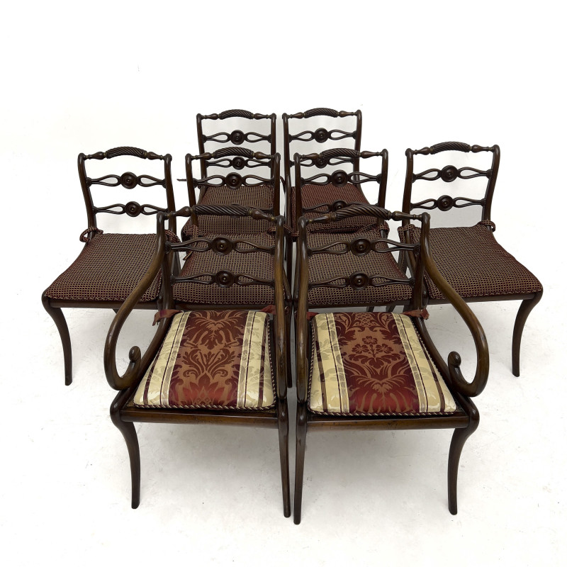 Suite of Eight Regency Style Carved Hardwood Dining Chairs