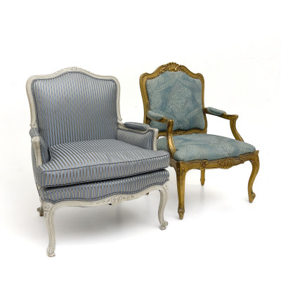 Image for Lot Two Louis XV Style Armchairs by Julia Gray and Salomon, with Associated Throw Pillows