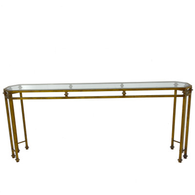 Image for Lot A Hollywood Regency Style Gilt Iron and Glass Console Table