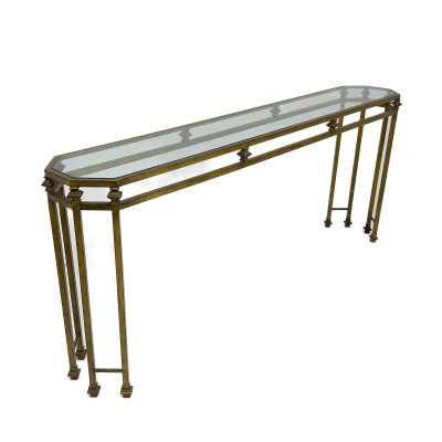 A Hollywood Regency Style Gilt Iron and Glass Console Table