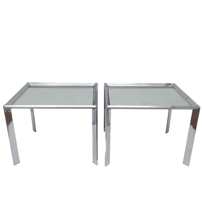 A Pair of Chrome and Mirrored Glass End Tables