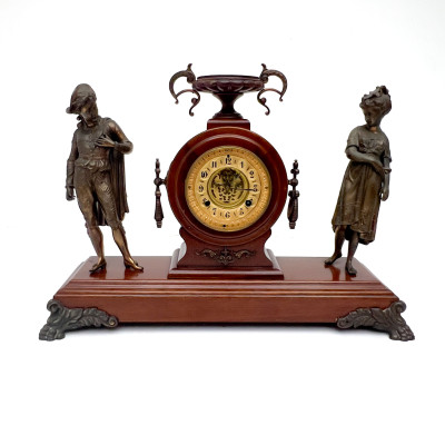 Image for Lot Late Victorian Gilt and Patinated Spelter Figural Mantel Clock, Waterbury Clock Company