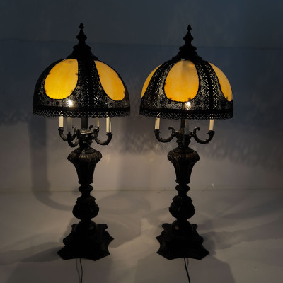 Image for Lot Pair of Gothic Revival Slag Glass and Cast Metal Four-Light Table Lamps