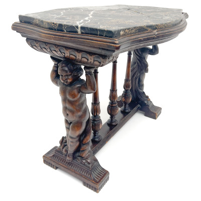 Image for Lot Italian Renaissance Revival Carved Walnut and Marble Pedestal Side Table