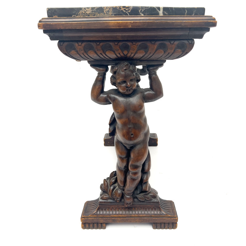 Italian Renaissance Revival Carved Walnut and Marble Pedestal Side Table