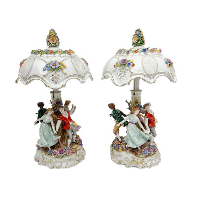 Image for Lot Pair of Von Schierholz Porcelain Two-Light Figural Table Lamps