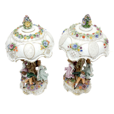 Pair of Von Schierholz Porcelain Two-Light Figural Table Lamps