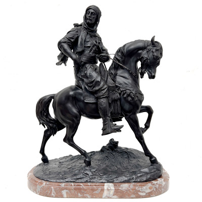 Image for Lot Patinated Spelter Figural Sculpture "Cavalier Arabe", After Alfred Barye, Fabrication Française Paris