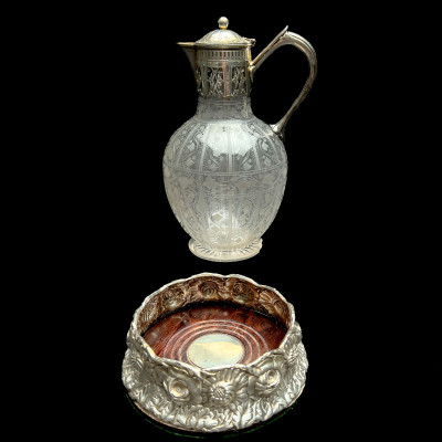 Crystal Claret Jug and Salmer Silver Wine Coaster