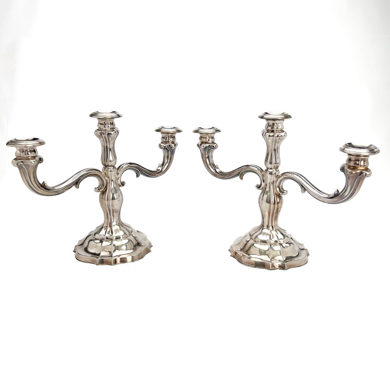 Pair of Venetian 3-Light Weighted 835 Silver Candelabras