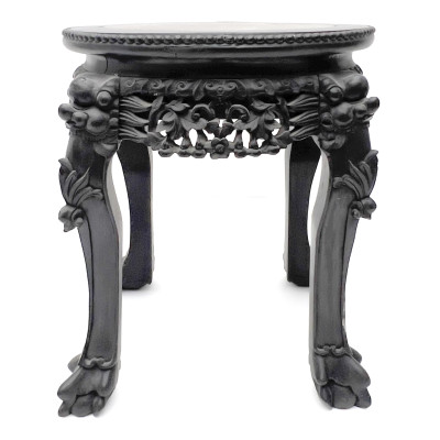 Chinese Carved Hardwood Marble-Top Round Side Table