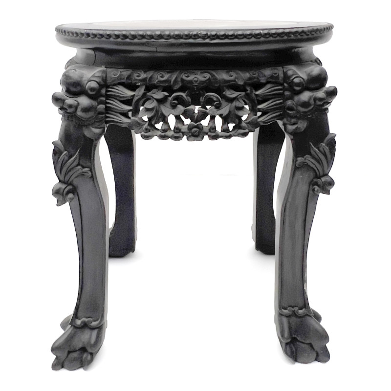 Chinese Carved Hardwood Marble-Top Round Side Table