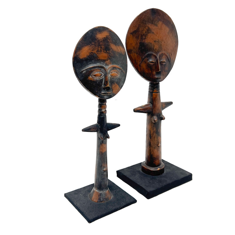 Pair of African Ashanti Carved Wood Fertility Dolls (Akua'ba)