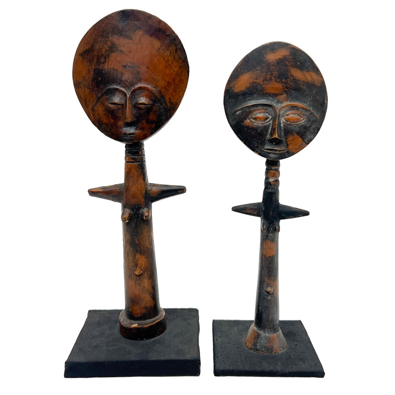 Pair of African Ashanti Carved Wood Fertility Dolls (Akua'ba)
