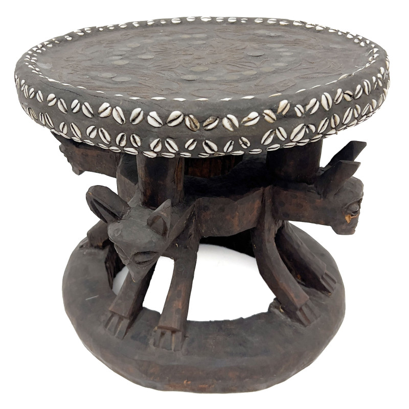 African Carved Wood and Cowrie Shell Royal Stool