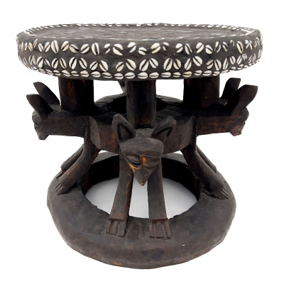 African Carved Wood and Cowrie Shell Royal Stool