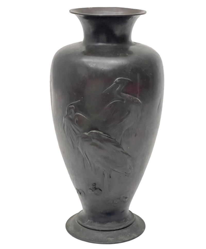 Japanese Polychrome Bronze Baluster Vase with Heron Relief