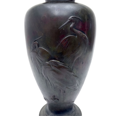 Japanese Polychrome Bronze Baluster Vase with Heron Relief