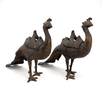 Image for Lot A Pair of Qajar Style Cast Iron Peacock Form Incense Burners