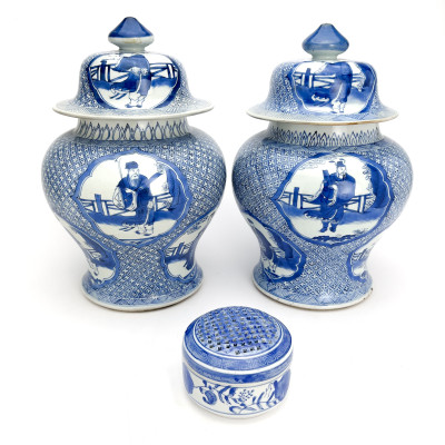 Image for Lot Pair of Blue and White Porcelain Immortal Vases and Cricket Cage