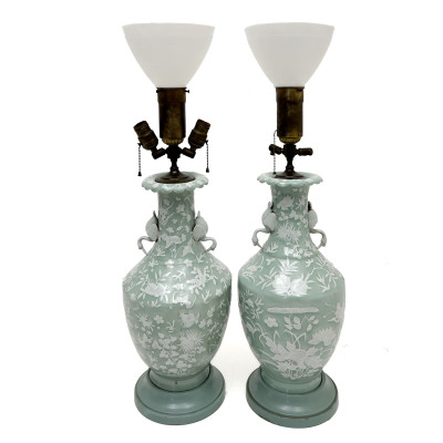 Image for Lot Pair of Pâte-sur-Pâte Celadon Porcelain Table Lamps