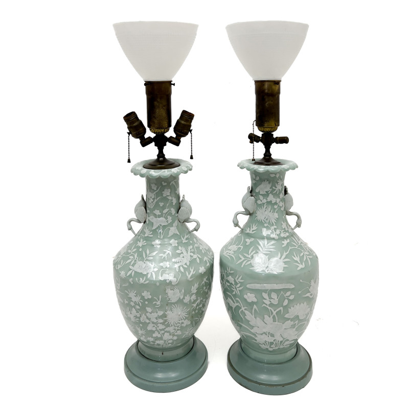 Pair of Pâte-sur-Pâte Celadon Porcelain Table Lamps