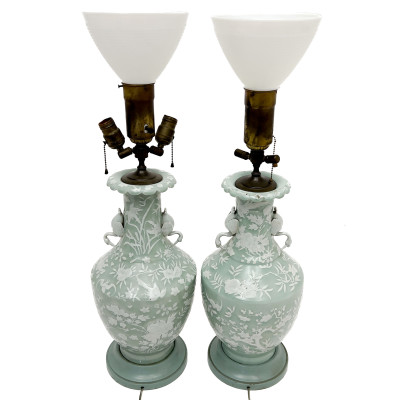 Pair of Pâte-sur-Pâte Celadon Porcelain Table Lamps