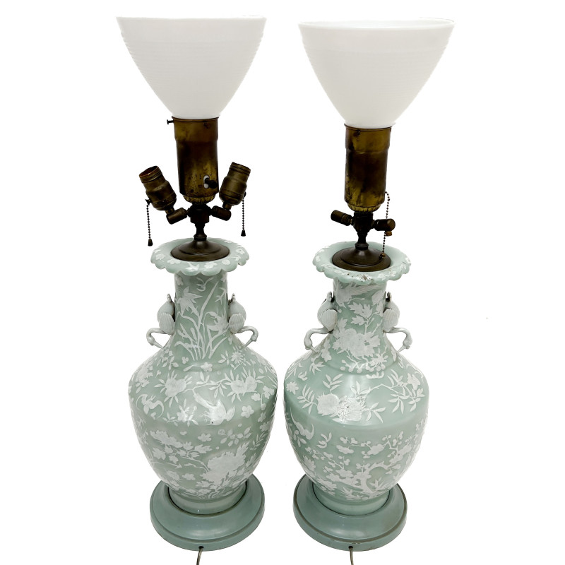 Pair of Pâte-sur-Pâte Celadon Porcelain Table Lamps