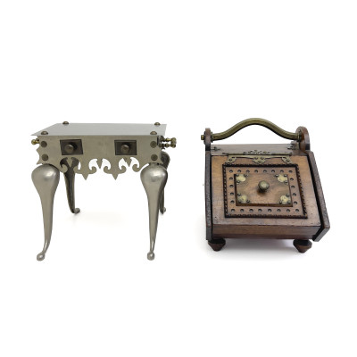 Image for Lot Two Aesthetic Movement Mixed-Metal and Mahogany Fireplace Furnishings