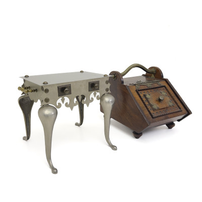 Two Aesthetic Movement Mixed-Metal and Mahogany Fireplace Furnishings