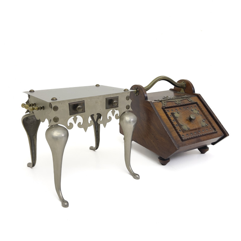 Two Aesthetic Movement Mixed-Metal and Mahogany Fireplace Furnishings