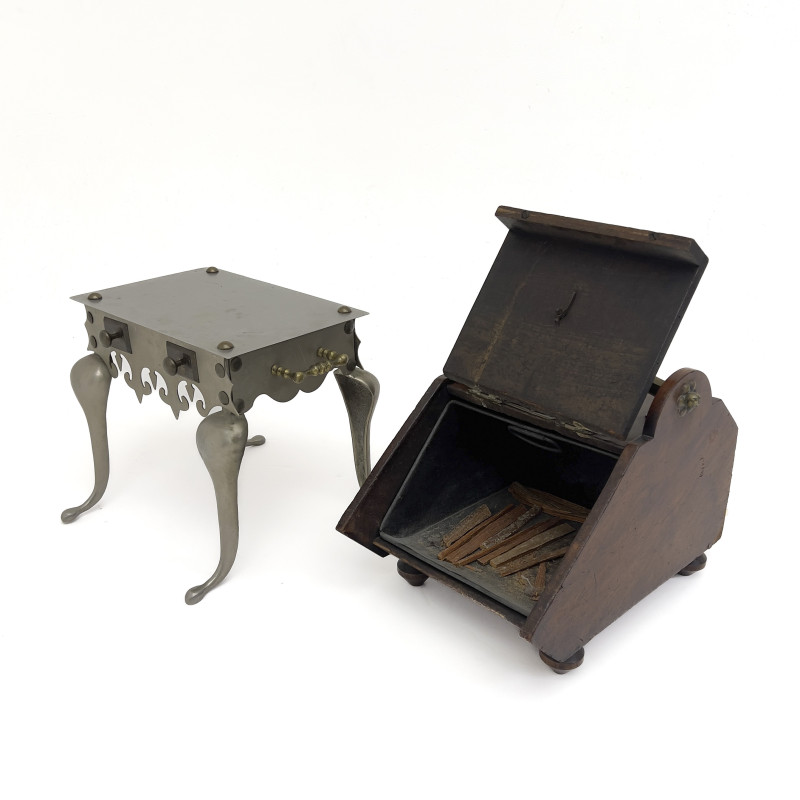 Two Aesthetic Movement Mixed-Metal and Mahogany Fireplace Furnishings