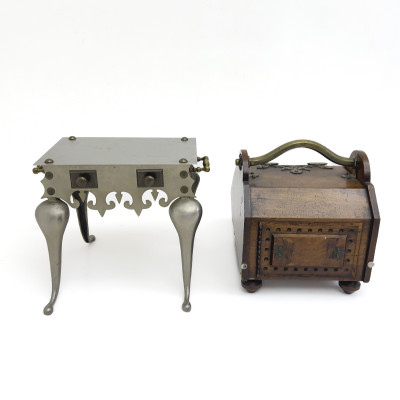 Two Aesthetic Movement Mixed-Metal and Mahogany Fireplace Furnishings
