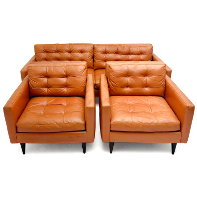 Image for Lot Three-Piece Crate and Barrel 'Petrie' Orange Leather Seating Suite