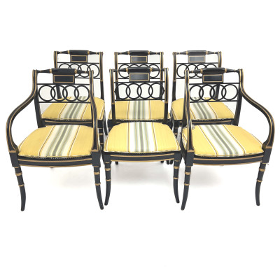 Image for Lot Baker - Set of Six Regency Style Painted and Parcel-Gilt Dining Chairs, Including 2 Armchairs